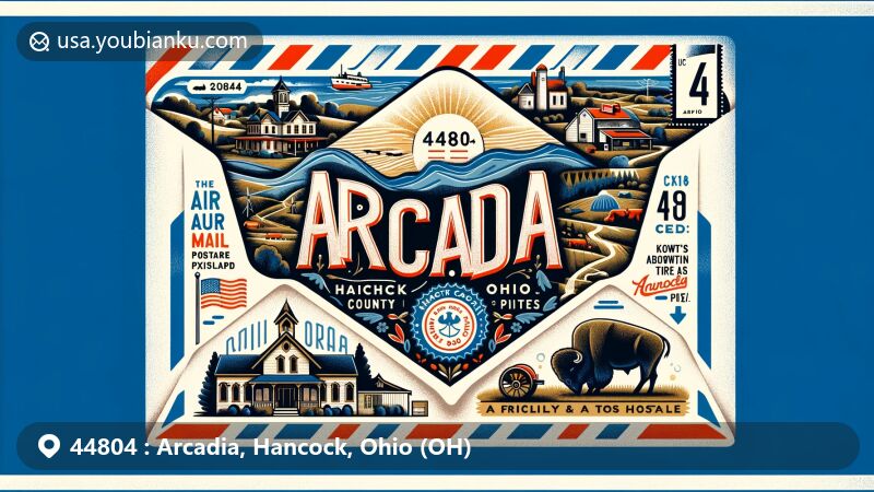 Modern illustration of Arcadia, Hancock County, Ohio, creatively framed as an airmail envelope and highlighting ZIP code 44804, with iconic landmarks like Kathy's Korner and a buffalo farm. The design celebrates Arcadia's community spirit, featuring a quaint village scene and postal heritage elements.