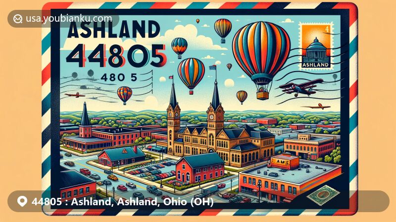 Modern illustration of Ashland, Ohio, featuring Ashland University, Ashland BalloonFest, historical architecture, airmail envelope with ZIP code 44805, and town's landmarks and cultural symbols.