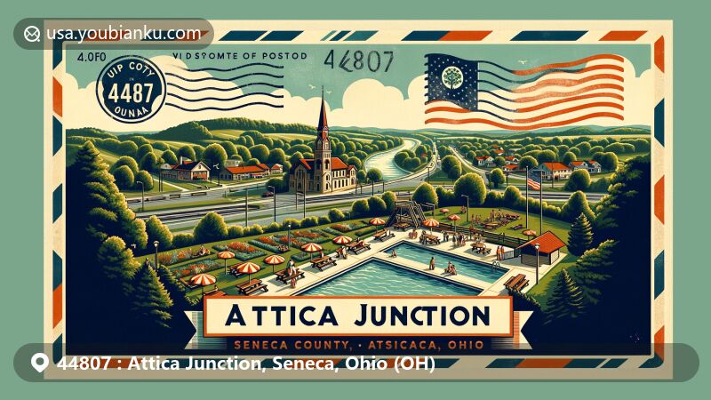 Vintage postcard illustration of Myers Park in Attica Junction, Seneca County, Ohio, featuring picnic tables, a pool, and lush greenery, highlighting the village's Tree City USA status and Ohio state flag, with postal theme elements like a postage stamp frame, air mail envelope border, and ZIP code 44807.