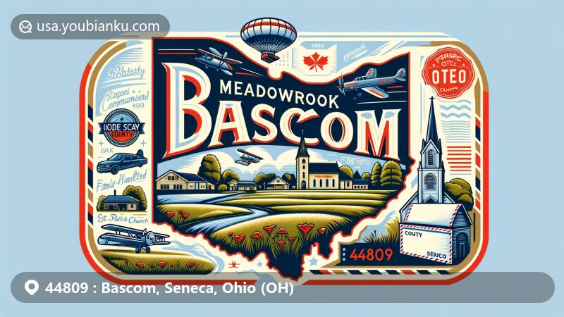 Modern illustration of Bascom, Ohio, showcasing postal theme with ZIP code 44809, featuring Meadowbrook Park, St. Patrick Catholic Church, and stylized Seneca County outline. Vintage air mail envelope with Ohio state flag stamp accentuates communication and connection themes.