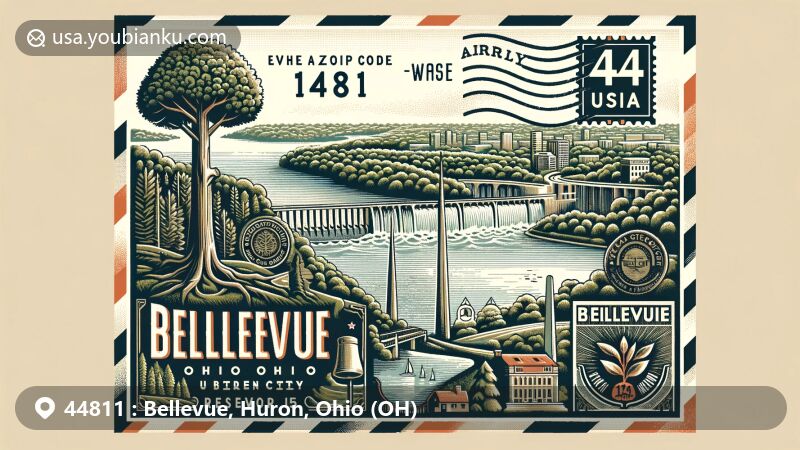 Modern illustration of Bellevue, Ohio, ZIP code 44811, featuring landmarks like Bellevue Reservoir No. 5 and vintage postal elements, symbolizing the city's connection to nature and urban forestry.