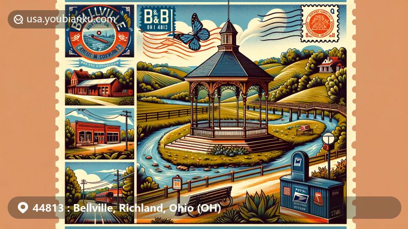 Modern illustration of Bellville, Ohio, showcasing postal theme with ZIP code 44813, featuring iconic 1878 Bandstand, Clear Fork Creek, and B&O Bike Trail.