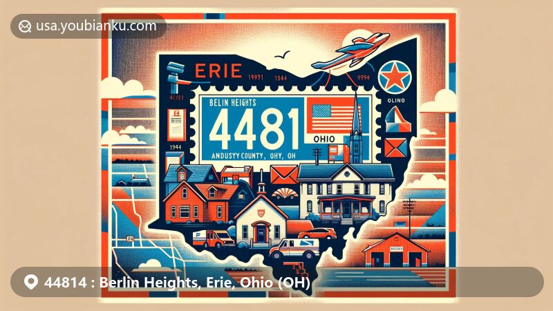 Modern illustration of Berlin Heights, Erie County, Ohio, featuring ZIP code 44814, blending regional characteristics with historical and postal elements, including rural landscape, connection to Sandusky, Ohio Metropolitan Statistical Area, and a symbolic nod to the 'free love' movement.
