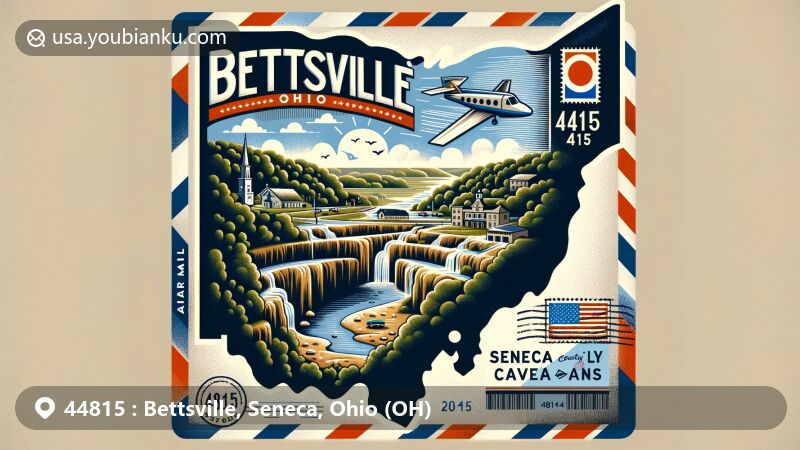 Modern illustration of Bettsville, Seneca County, Ohio, showcasing postal theme with ZIP code 44815, featuring Seneca Caverns and Ohio state symbols.