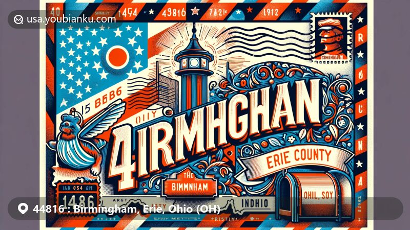 Modern illustration representing ZIP code 44816 in Birmingham, Erie County, Ohio, featuring Ohio state flag, vintage postage elements, American mailbox, and subtle references to Sandusky Metropolitan Area and Woollybear Festival.