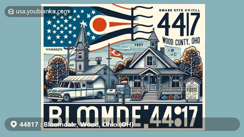 Modern illustration of Bloomdale, Wood County, Ohio, highlighting tranquil village atmosphere, Ohio state flag, and Wood County outline, with postal theme showcasing historic post office and ZIP code 44817.