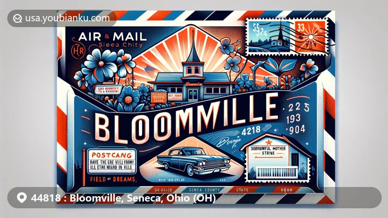 Modern illustration of Bloomville, Ohio, showcasing postal theme with ZIP code 44818, featuring Field of Dreams Drive-In and Sorrowful Mother Shrine, integrated with Ohio state flag elements.