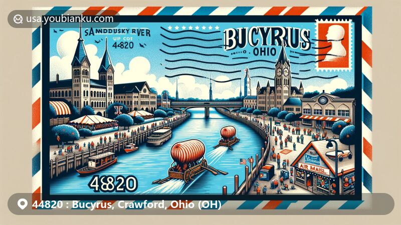 Modern illustration of Bucyrus, Ohio, Crawford County, capturing the essence of ZIP code 44820 with Sandusky River and Bratwurst Festival parade scene, combining local geography and cultural heritage.