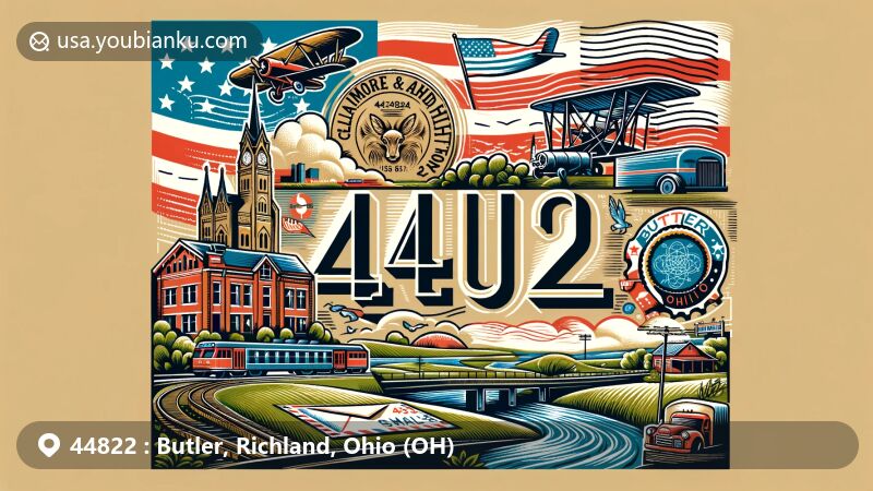 Modern illustration of Butler, Richland County, Ohio, showcasing postal theme with ZIP code 44822, featuring Clear Fork of the Mohican River and rural landscapes, incorporating air mail envelope, vintage postage stamp of Ohio, postal truck, and Baltimore and Ohio Railroad symbol.