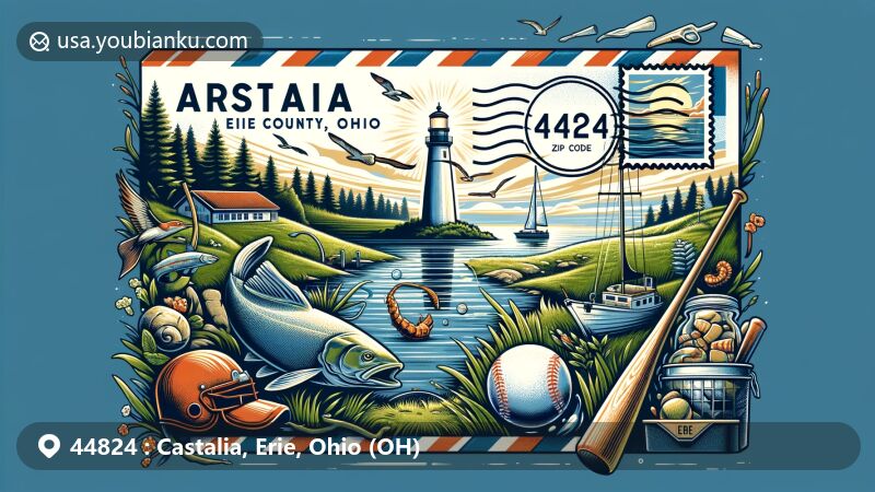 Modern illustration of Castalia area, Erie County, Ohio, with ZIP code 44824, featuring air mail-style envelope with Marblehead Lighthouse stamp, symbolizing connection to Lake Erie, surrounded by elements representing local natural beauty and community life.