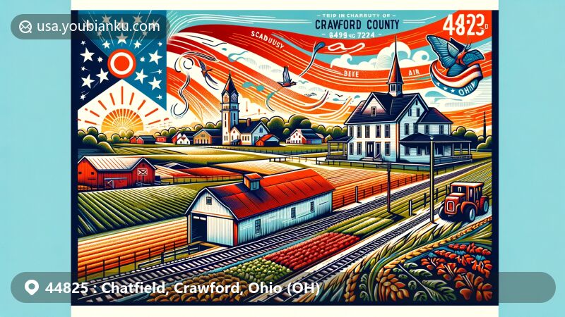 Modern illustration of Chatfield village in Crawford County, Ohio, highlighting Sandusky Avenue and rural landscape, featuring Ohio state flag and postal elements like stamp, postmark, and vintage postal car.