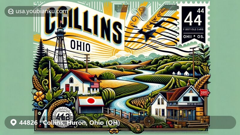 Modern illustration of Collins, Ohio, Huron County, highlighting rural and community aspects with serene landscape, Ohio state flag, and postal features like vintage postage stamp and ZIP Code 44826.