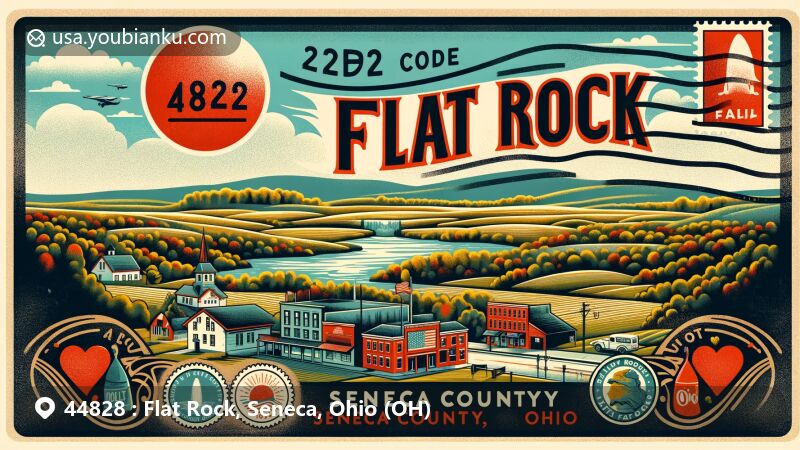 Modern wide-format postcard illustration of Flat Rock, Seneca County, Ohio, showcasing geological features with flat rock layer over artesian aquifer, incorporating essence of rural Seneca County landscape and Ohio symbols.