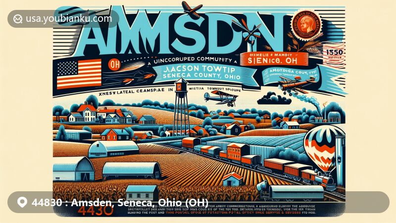Modern illustration of Amsden, Seneca County, Ohio, showcasing postal theme with ZIP code 44830 and rural scenery, highlighting the community's agricultural heritage and historical ties to the railroad.