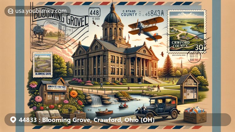 Modern illustration of Blooming Grove, Crawford County, Ohio, blending historical charm and natural beauty with creative postal elements, featuring Crawford County Courthouse, Galion Public Library, Amann Reservoir Park, and Heise Park.