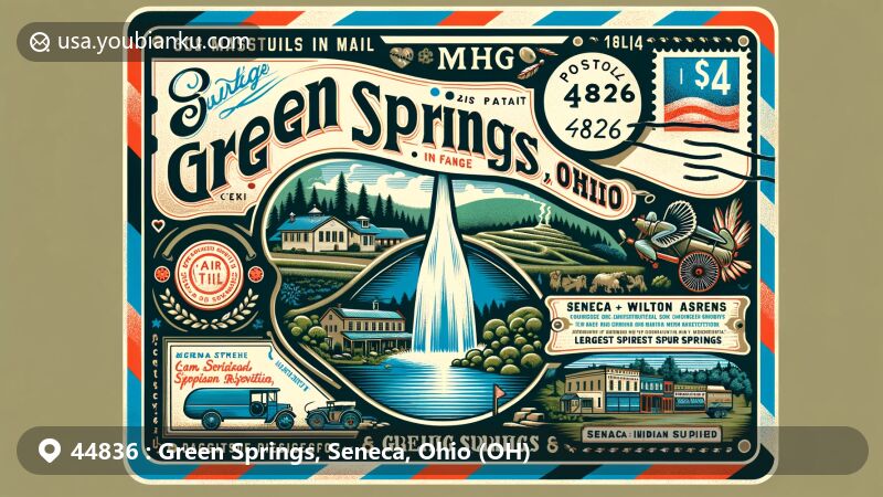 Modern illustration of Green Springs, Seneca County, Ohio, showcasing vintage air mail envelope with key landmarks and cultural elements, including natural sulfur spring, Seneca Indian Reservation, and historical figures.