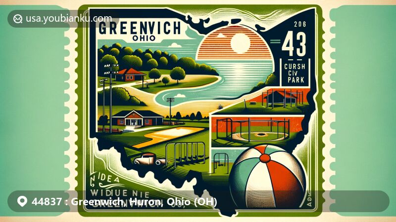 Modern illustration of Greenwich, Ohio, showcasing postal theme with ZIP code 44837, featuring Huron County silhouette and Greenwich Reservoir Park.