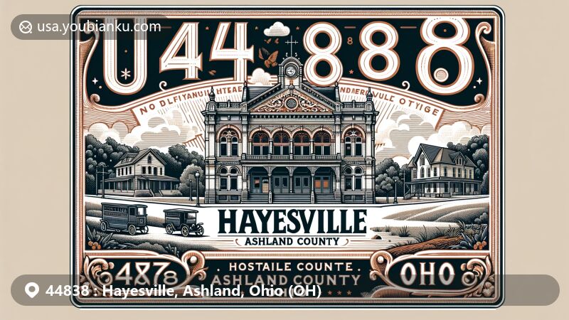 Modern illustration of Hayesville, Ashland County, Ohio, showcasing postal theme with ZIP code 44838, featuring Hayesville Opera House, Vermillion Institute, and scenic landscapes.