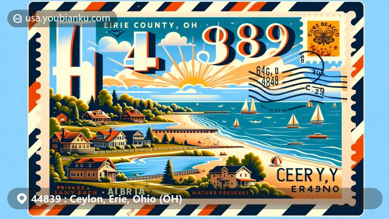 Modern illustration of Ceylon, Erie, Ohio, capturing serene natural beauty and postal theme with ZIP code 44839, showcasing Firefly Beach Resort and scenic landscapes.