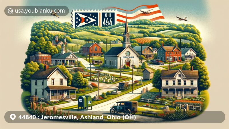 Modern illustration of Jeromesville, Ashland County, Ohio, capturing the countryside charm and community spirit, featuring rural landscapes, Hillsdale High School, and postal elements like vintage stamp and ZIP code 44840, with Ohio state flag in the background.