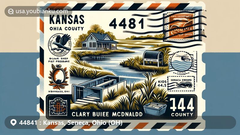 Modern illustration of Kansas, Ohio, Seneca County, showcasing Clary Boulee McDonald Preserve and postal theme with ZIP code 44841, featuring vintage airmail envelope design with Ohio state outline stamp and 'Kansas, Ohio' cancellation mark.