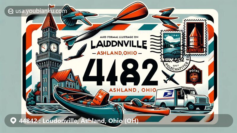 Modern illustration of Loudonville, Ashland, Ohio, featuring airmail envelope with '44842' ZIP code, stamps, postmark, Landoll's Mohican Castle, kayaks, postal truck, and mailbox.
