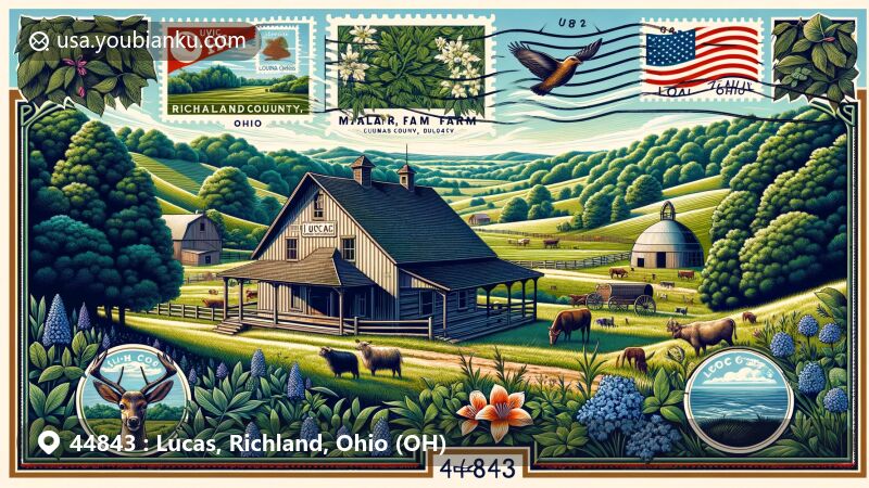 Modern illustration of Malabar Farm State Park, Lucas, Richland County, Ohio, with postal theme highlighting ZIP code 44843, featuring Pugh Cabin, rolling hills, pastures, livestock, beech and maple trees, air mail envelope, Ohio state symbols, and local wildlife.