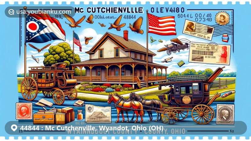 Modern illustration of Mc Cutchenville, Wyandot County, Ohio, showcasing postal theme with ZIP code 44844, featuring the historic McCutchen Overland Inn and Ohio's cultural symbols.