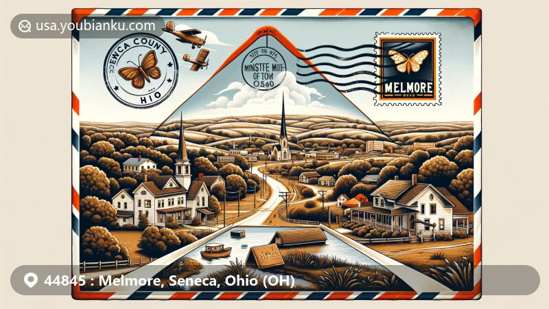 Modern illustration of Melmore, Ohio, in Seneca County, showcasing postal elements and town's natural beauty, featuring vintage air mail envelope, rolling hills, Honey Creek, state routes 67 and 100, Ohio state flag, ZIP code 44845, and postal service symbols.