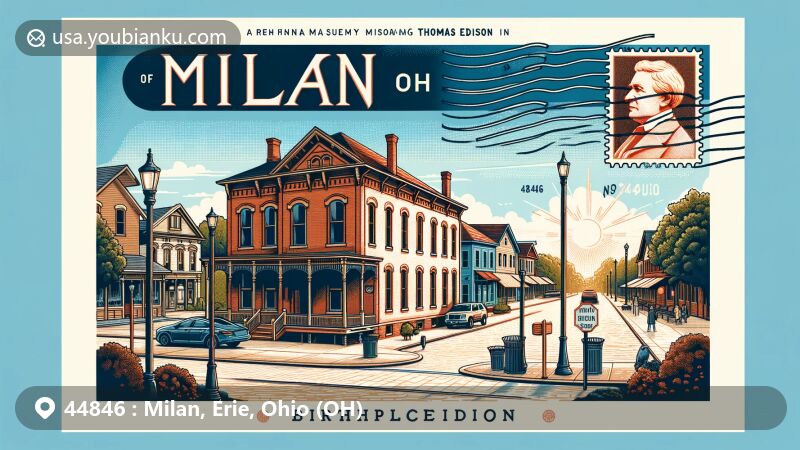 Creative postcard illustration of Milan, Ohio, birthplace museum of Thomas Edison, featuring historic brick house against picturesque town square backdrop and modern postal theme.