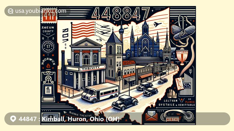 Modern illustration of Kimball, Huron County, Ohio, featuring postal theme with ZIP code 44847, showcasing Norwalk Theatre, Phoenix Mills, and Zion Episcopal Church, integrating vintage postcard elements and postal symbols.