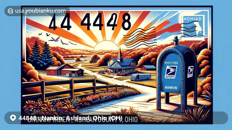 Modern illustration of Nankin area, Ashland County, Ohio, with ZIP code 44848, featuring post office, state flag elements, and local natural beauty like Audubon Wetlands Preserve.