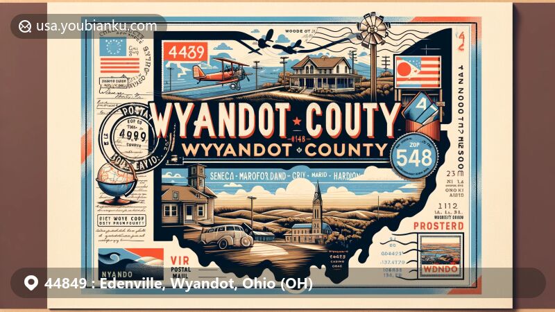 Modern illustration of Wyandot County, Ohio, showcasing postal theme with ZIP code 44849, featuring vintage postcard, air mail envelope, postage stamp, and postmark symbol.