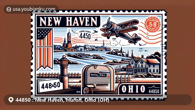 Modern illustration of New Haven, Huron County, Ohio, representing postal theme with ZIP code 44850, featuring local landmarks and traditional postal elements.