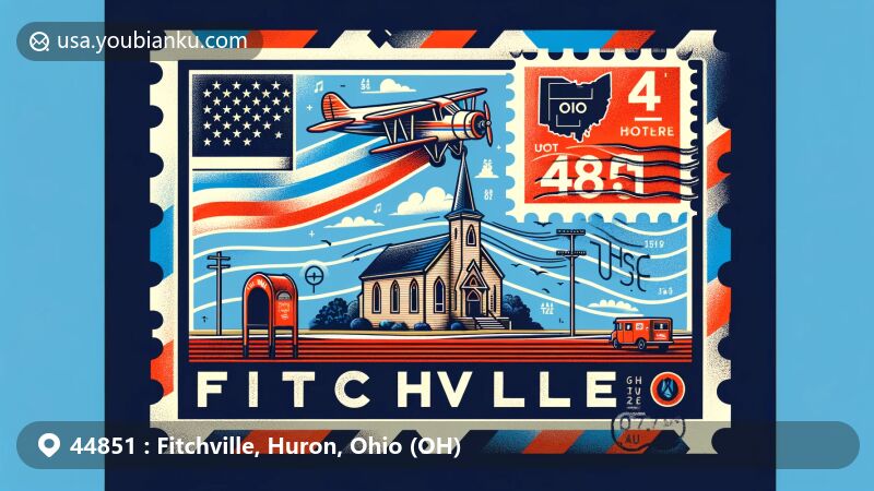 Modern illustration of Fitchville, Huron County, Ohio, highlighting the postal theme with ZIP code 44851, featuring Fitchville Methodist Church and Ohio state symbols.