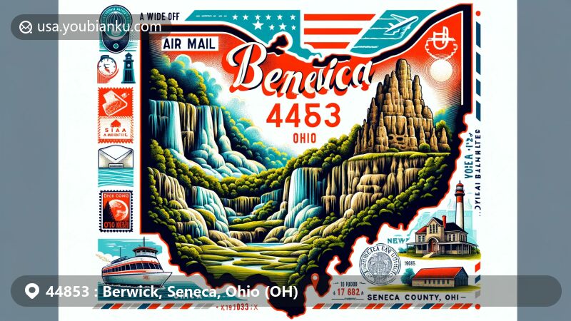 Modern illustration of Berwick, Seneca County, Ohio, showcasing postal theme with ZIP code 44853, featuring depiction of Seneca Cave, a prominent local landmark reflecting natural beauty. Background includes Ohio's outline and indicators of Berwick's location within Seneca County.