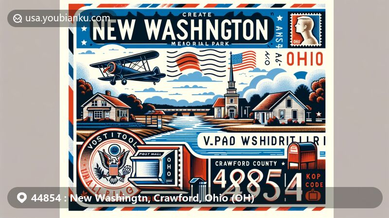 Modern illustration of New Washington, Crawford County, Ohio, showcasing postal theme with ZIP code 44854, featuring Veterans Memorial Park and river landscape.