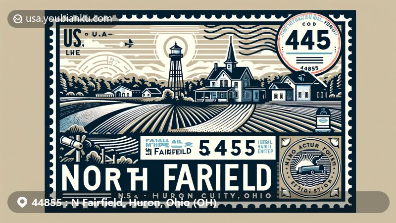 Modern illustration of North Fairfield, Huron County, Ohio, featuring ZIP code 44855, Carpenter Gothic house, postal elements, and rural landscape.
