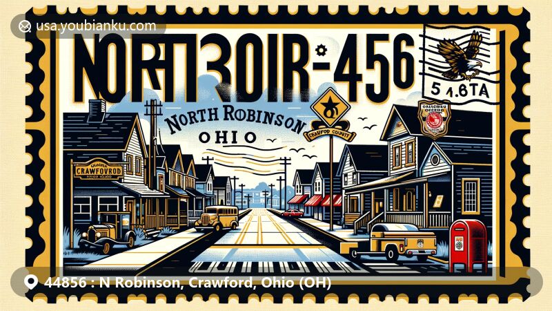 Modern illustration of North Robinson, Crawford County, Ohio, featuring ZIP code 44856 area with village atmosphere, Main Street, Colonel Crawford High School, state pride elements, and vintage postal theme.