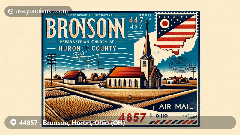 Modern illustration of Bronson, Huron County, Ohio, inspired by a postal theme with ZIP code 44857, featuring the iconic Presbyterian church at Olena and Huron County's outline, integrated with vintage postage elements and the Ohio state flag.