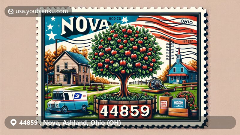 Modern illustration of Nova, Ashland County, Ohio, showcasing community spirit with outdoor activities and the last living apple tree planted by Johnny Appleseed, integrating Ohio state flag and postal elements.