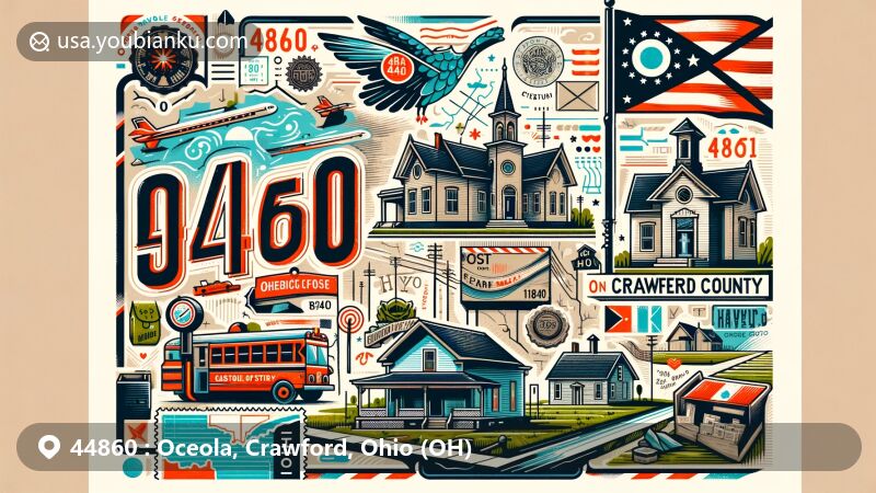 Modern illustration of Oceola, Crawford County, Ohio, highlighting ZIP code 44860 and local symbols, such as the historic post office and the Harvey One-Room School, incorporating Ohio state emblems.