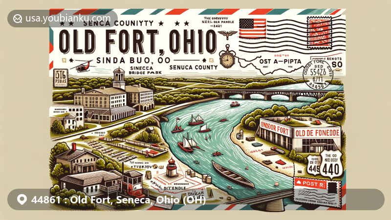 Artistic illustration of Old Fort, Ohio, depicting ZIP code 44861 in Seneca County with Sandusky River as the focal point, featuring vintage postcard design showcasing Old Fort Bridge Park and outdoor activities.