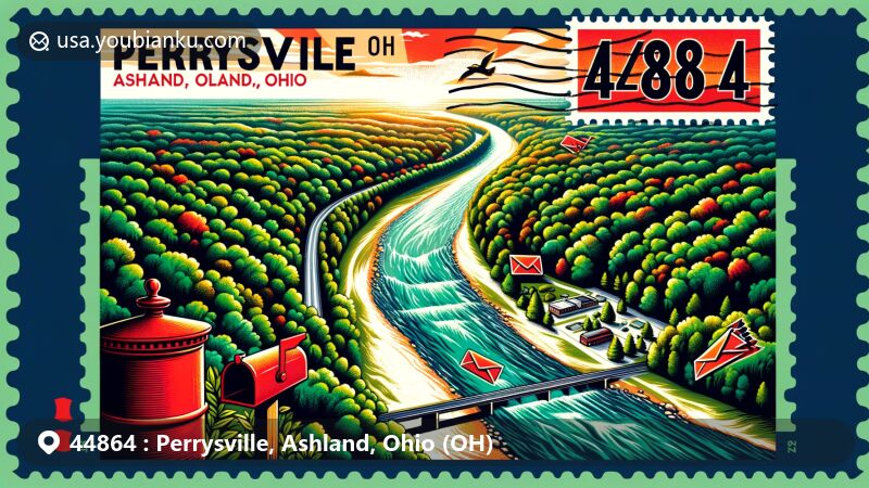 Contemporary illustration of Perrysville, Ashland, Ohio, portraying ZIP code 44864, showcasing Mohican Forest's lush greenery and river, with a dynamic postcard design featuring postal elements.