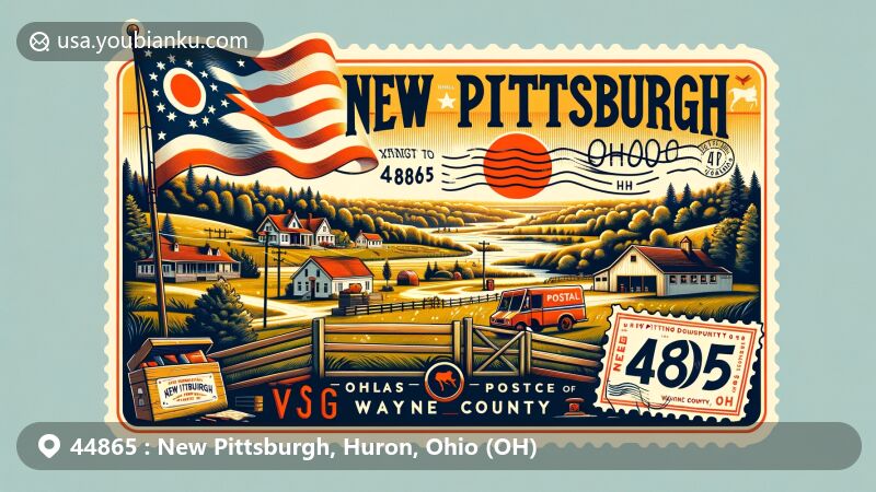Modern illustration of New Pittsburgh, Wayne County, Ohio, embodying rural charm and small-town vibe, featuring Ohio state flag and classic American postal theme with ZIP code 44865.