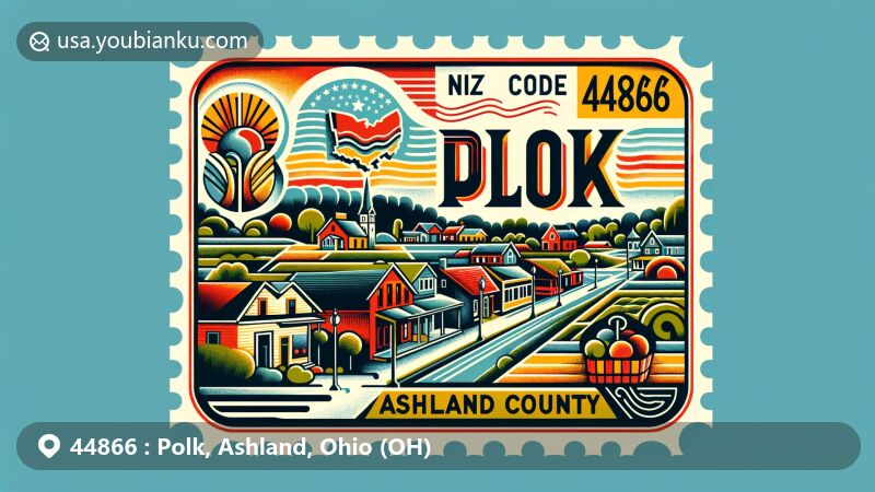 Modern illustration of Polk, Ashland County, Ohio, capturing small-town charm with quaint main street and rural scenery, featuring bright postcard shape with vintage-style postal stamp of Ashland County or local landmark.