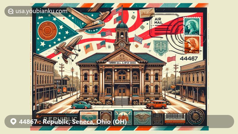 Creative illustration of Republic Town Hall & Opera House in Republic, Ohio, designed as an air mail envelope with postal elements, including ZIP code 44867 and Ohio symbols.