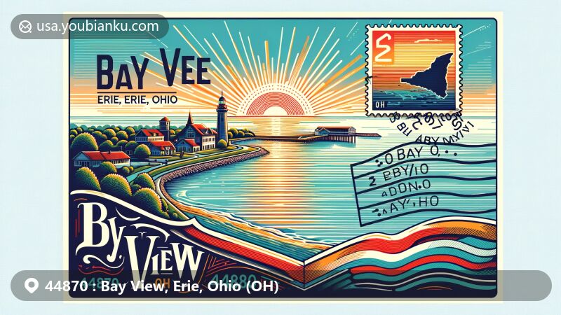 Modern illustration of Bay View, Erie County, Ohio, depicting airmail envelope with ZIP code 44870 against the backdrop of a sunset over Sandusky Bay, emphasizing the region's postal and coastal charm.