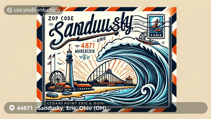 Modern illustration of Sandusky, Erie County, Ohio, with a classic airmail envelope background and a postmark for ZIP code 44871. Features Marblehead Lighthouse and Cedar Point amusement park.