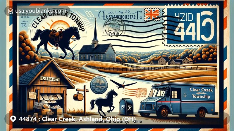 Modern illustration of Clear Creek Township, Ashland County, Ohio, featuring vintage air mail envelope with prominent ZIP code 44874, showcasing horse pastures, Sprott's Hill archaeological site, and Ohio state flag.
